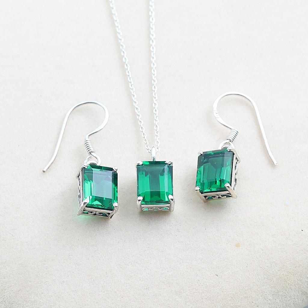 Green Zircon Jewelry Set, Silver Jewelry, Women Necklace Earring, Gift For Her