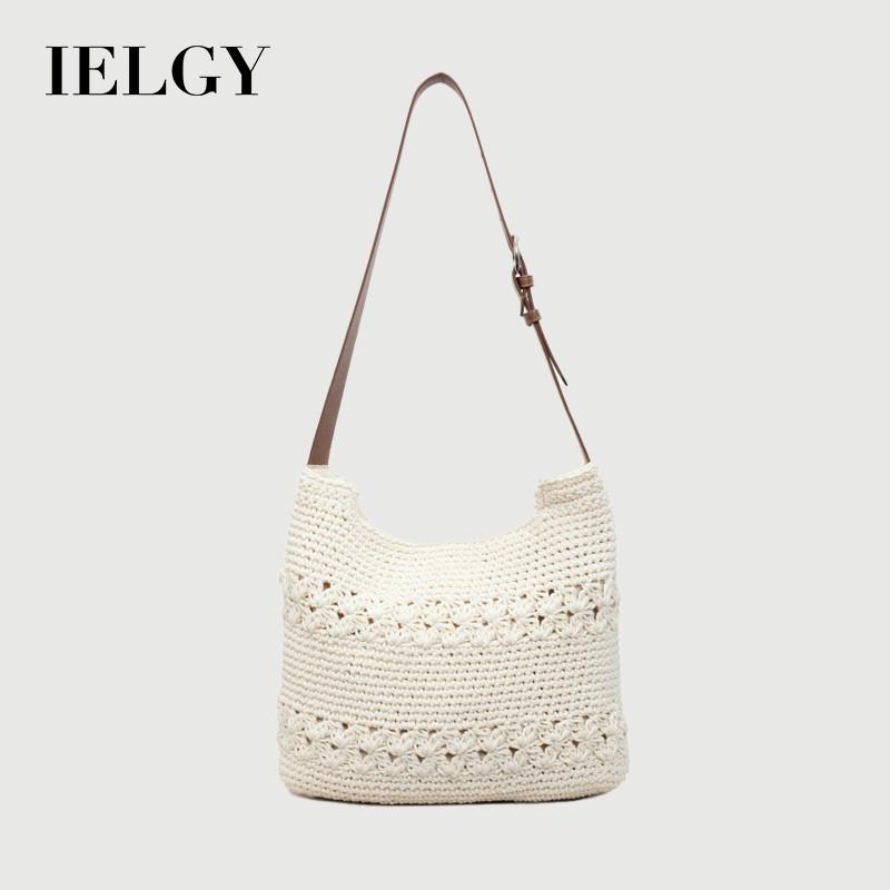 IELGY Hollow Woven Large-Capacity Commuter Tote Bag Seaside Vacation One-Shoulder Messenger Beach Bag