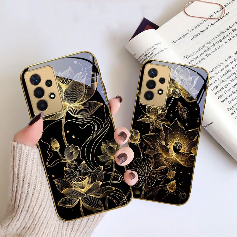 The noble lotus flower For Samsung A 01 52S A04 A05S A10 A12 A13 22 23 24 36 42 M02 Note 10 20Ultra 8 9 Golden glass phone case
