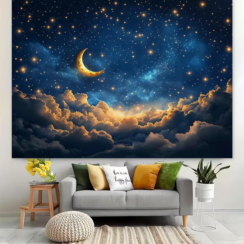 Dreamy Night Sky Tapestry with a Crescent Moon, Stars and Warm Glowing Clouds 47.2x31.5inch/120*80cm