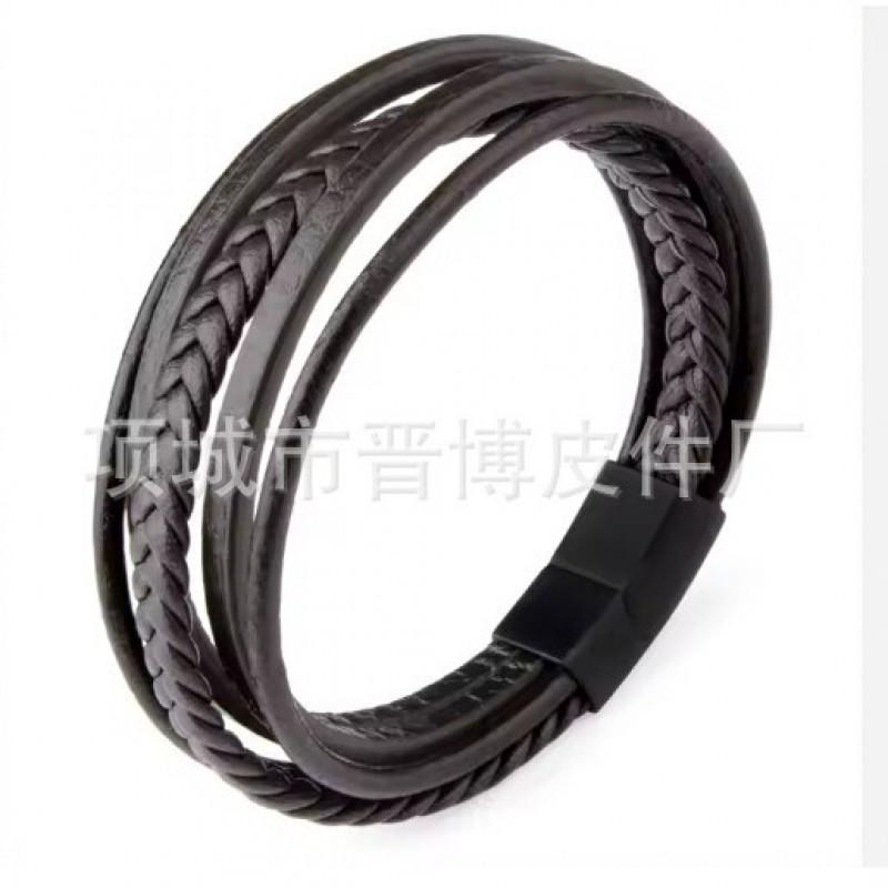 Mens Leather Woven Bracelet With Magnetic Clasp Zinc Alloy Geometric Design Adjustable 19-23cm Fashion Accessory