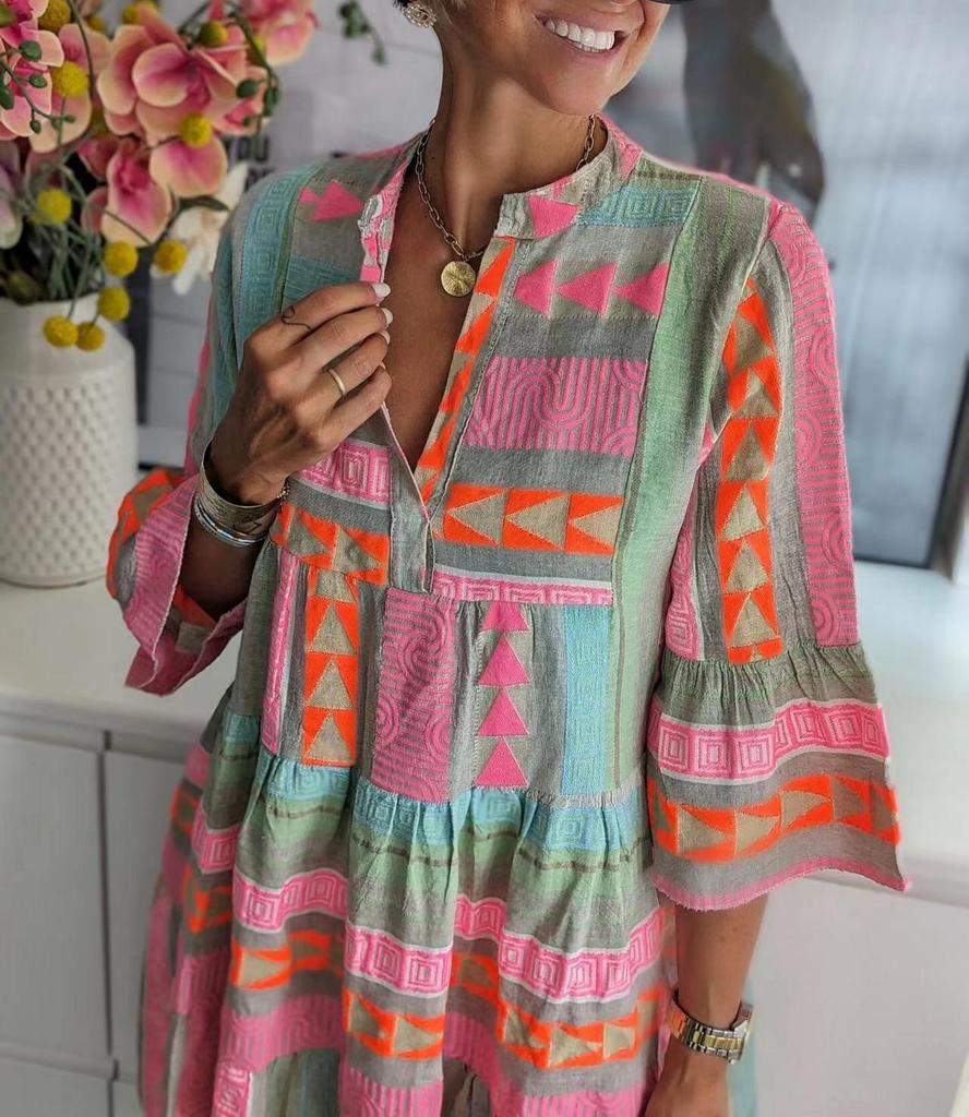 2026 European Fashion Stand Collar Print Bodycon Midi Dress with Three-Quarter Sleeves