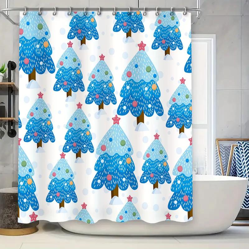 GAEChristmas Tree Shower Curtain Blue Festive Pattern with Red Stars White Shower Curtains for Bathroom Decor Size69x70 (LxW) 90x180cm