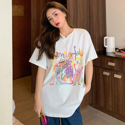 Vintage Funny Cartoon Print Young Girl Short Sleeved T-shirts for Women's Summer Casual Loose T Shirt Harajuku Streetwear Tshirt White Y2k Tops