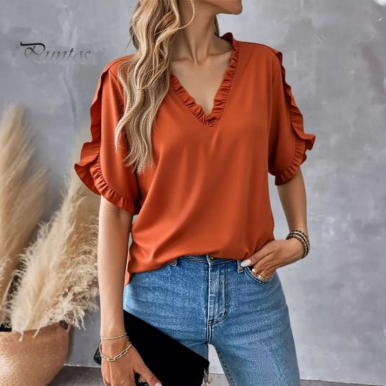 Damen T-Shirt V-Ausschnitt Rüschenbesatz Patchwork Blütenblattärmel Einfarbig Oberteile Lockerer Schnitt T-Shirt Lässig Büro Reisehemd