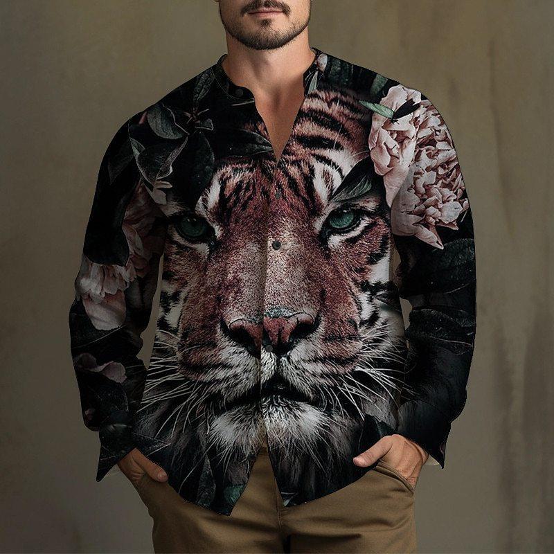 Tiger, Flower Pattern Long Sleeve Shirt Men's Spring and Autumn Trend Loose Casual Shirt Men's Autumn Clothing MB12