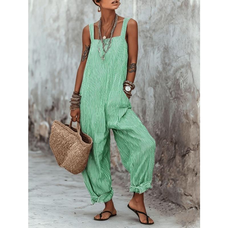 TIFICY Women's Fashion Casual Summer Spring Stripe Print Sleeveless Square Collar Loose Waistline Trousers Jumpsuits & Rompers