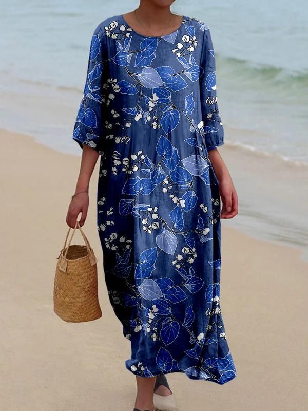 Retro Floral Print Round Neck Retro Loose Long Sleeved Mid Length Dress For Women XXXXL