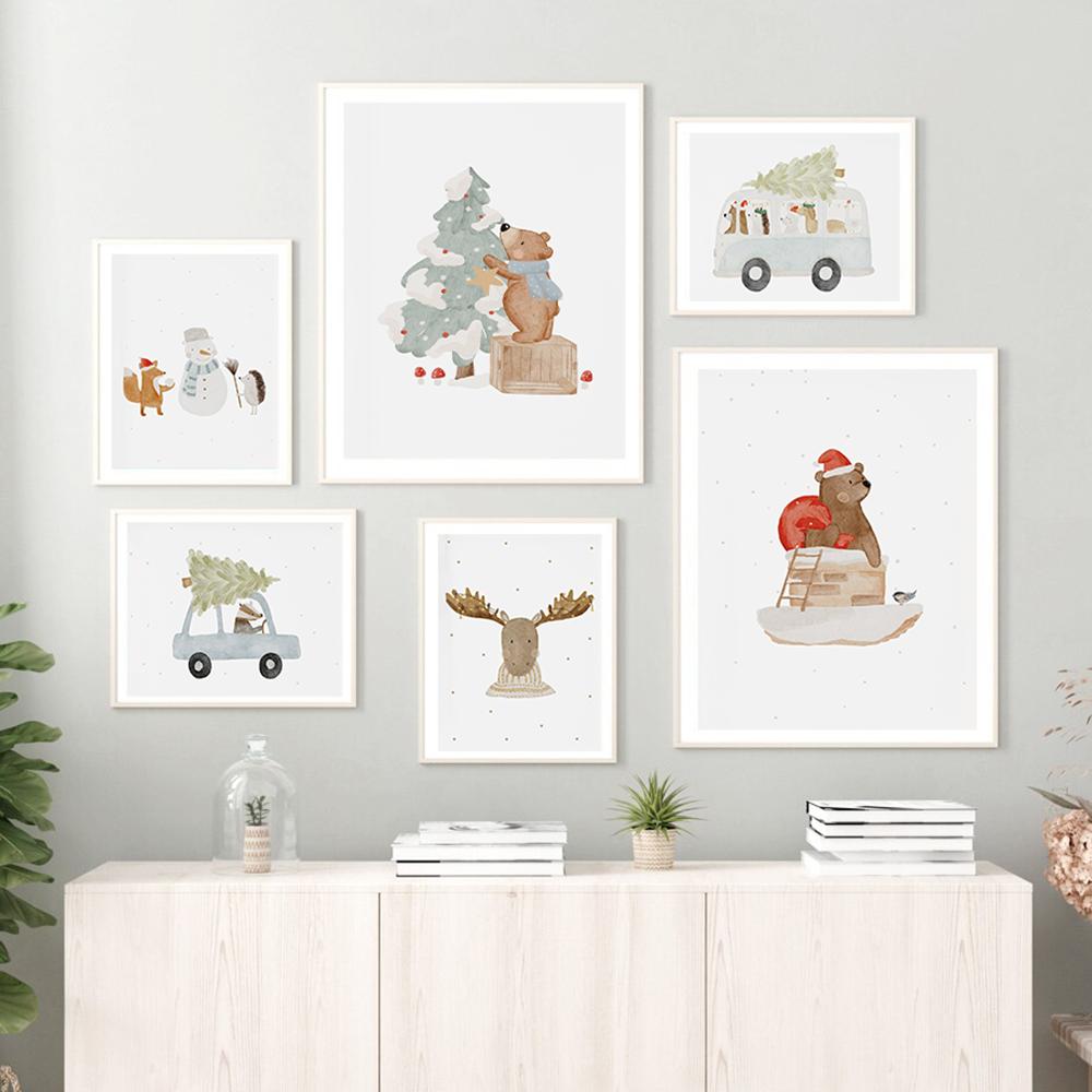 Funny Animals Bear Deer Goose Car Posters Christmas Tree Prints Wall Art Canvas Snowman Pictures for Baby Kids Room Home Decor