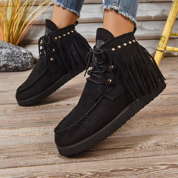 Women's Plus Size Lace-Up Ankle Tassel Boots New Autumn/Winter Style Roman-Inspired Versatile Flat Ankle Boots