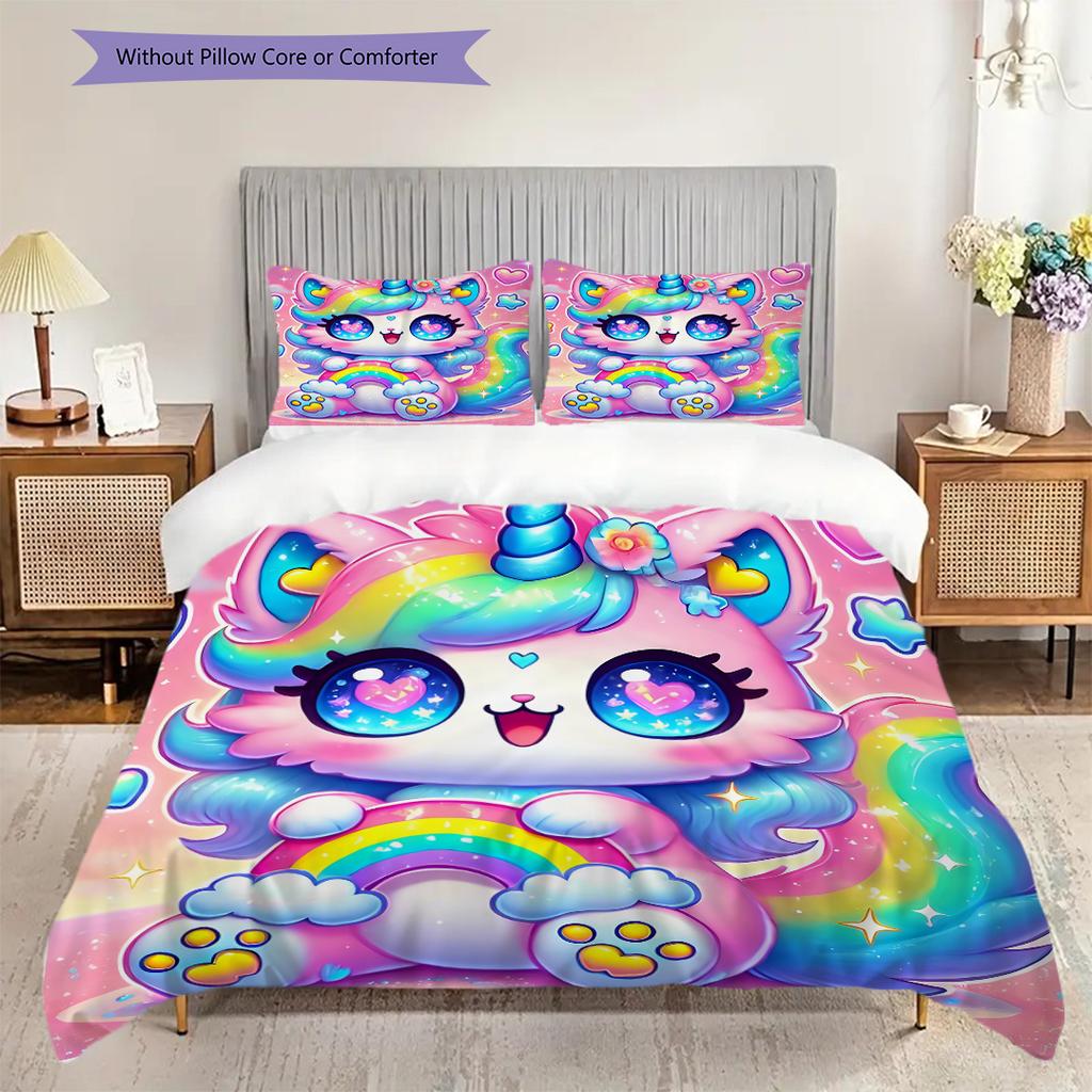 Cartoon cute fantasy unicorn bedding, duvet cover, pillowcase, home decoration, birthday gift (1 * duvet cover+2 * pillowcase, coreless)