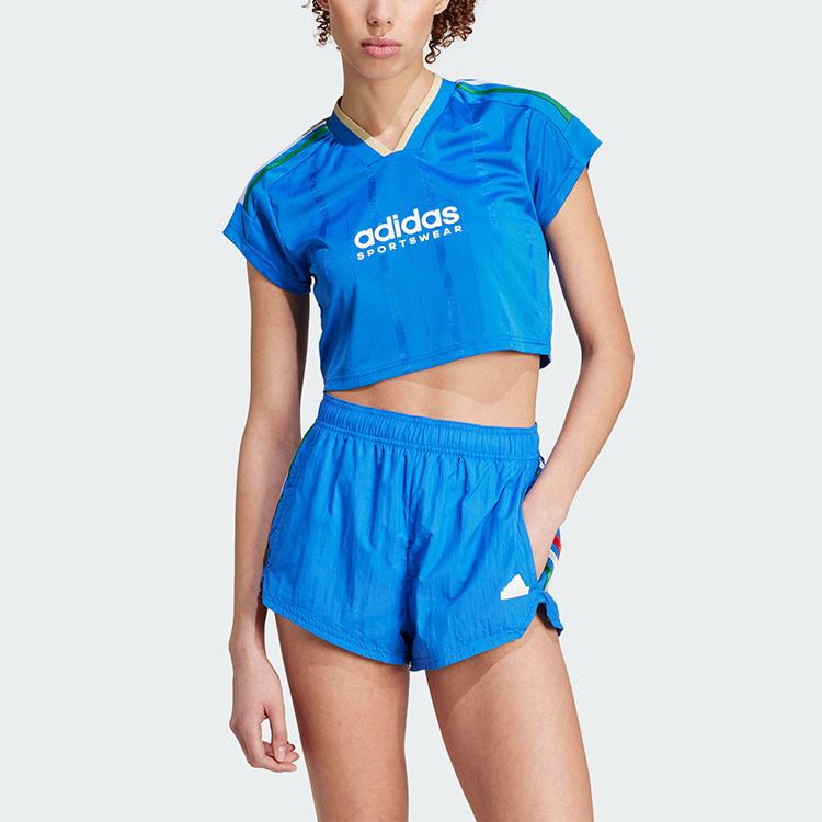 Adidas Alphabet Logo V-Neck Casual Pullover Short Sleeve T-Shirt Women Tops Blue IX9562
