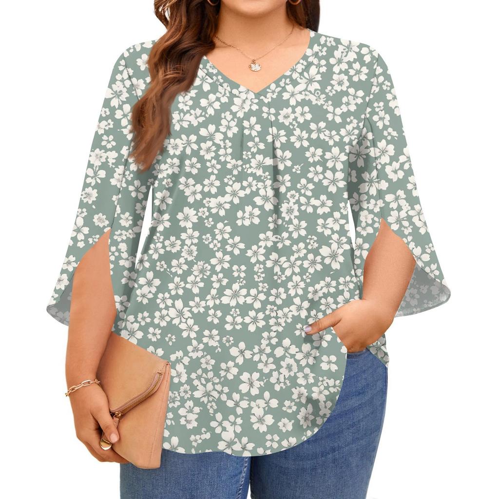 Women's Prined V-neck Plus Size Tops 3/4 Sleeves Elegant Shirt Tops
