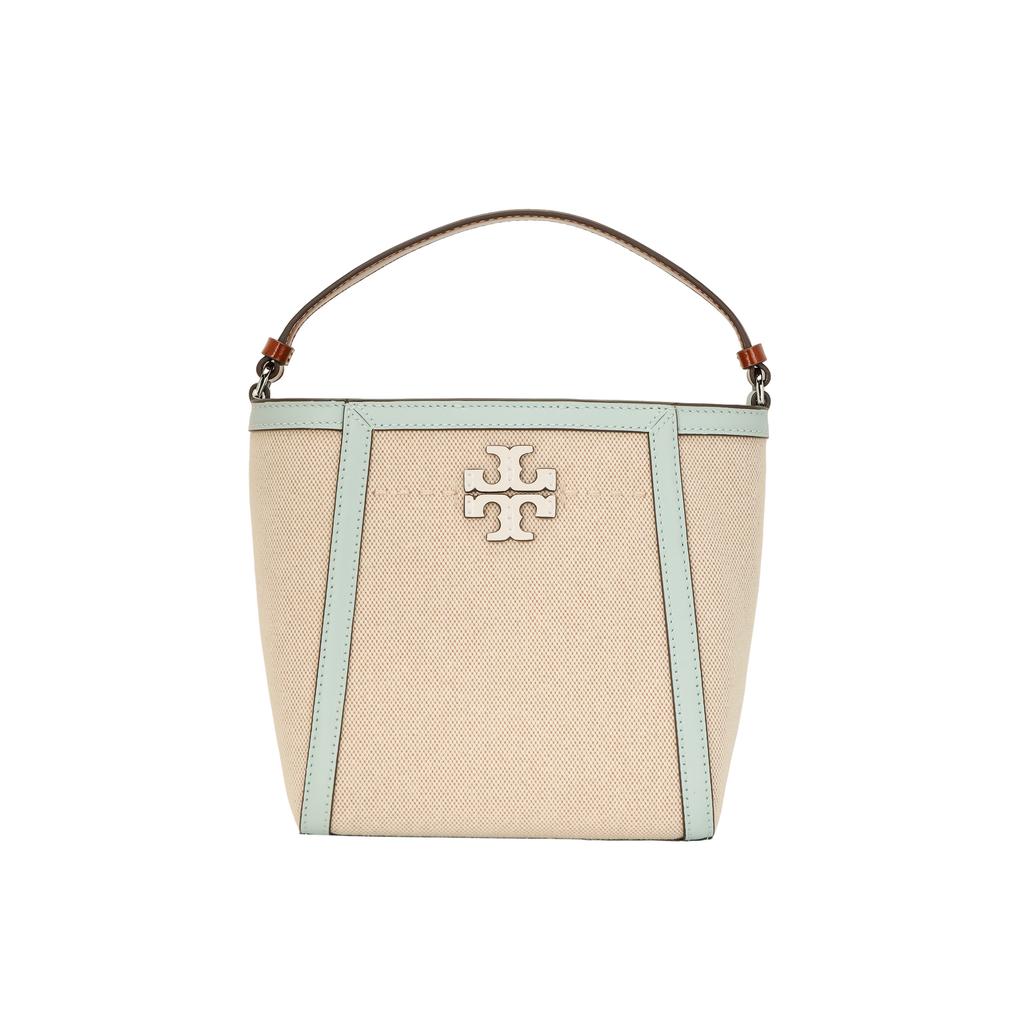 Tory Burch Mcgraw Double T Logo Beige Canvas With Navy Leather Patent Trim Bucket Bag Women Bags 145559-250