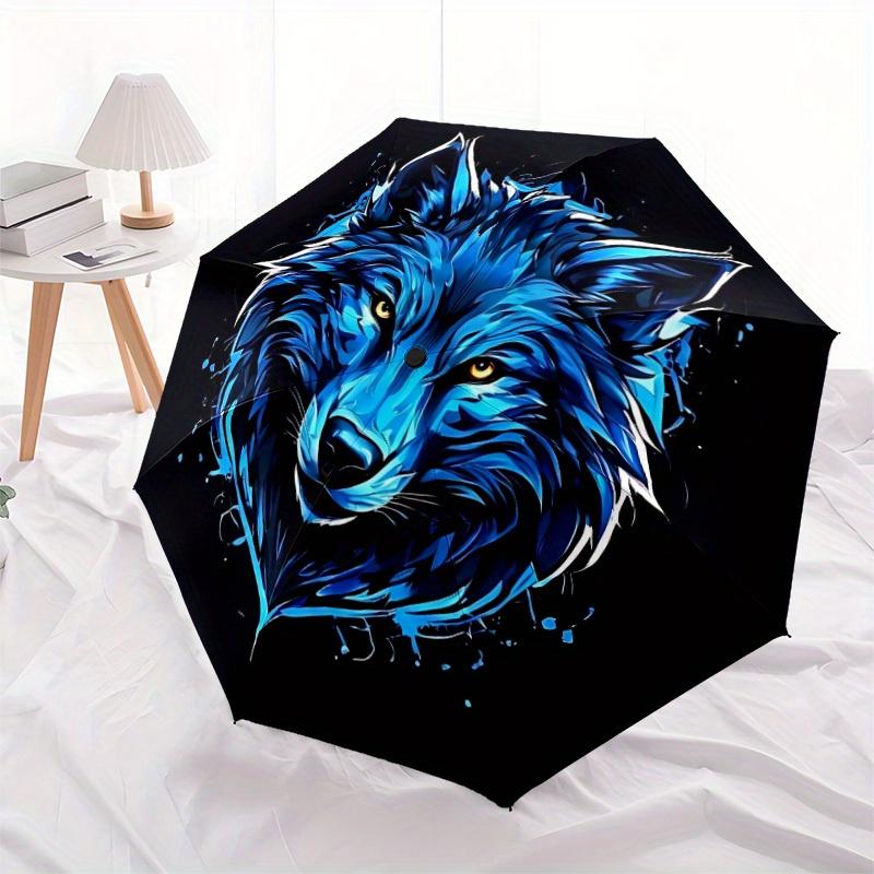 1pc Blue Wolf Head Automatic Open/close Folding Umbrella, Compact Portable Travel Umbrella,Durable Construction Yy250814168