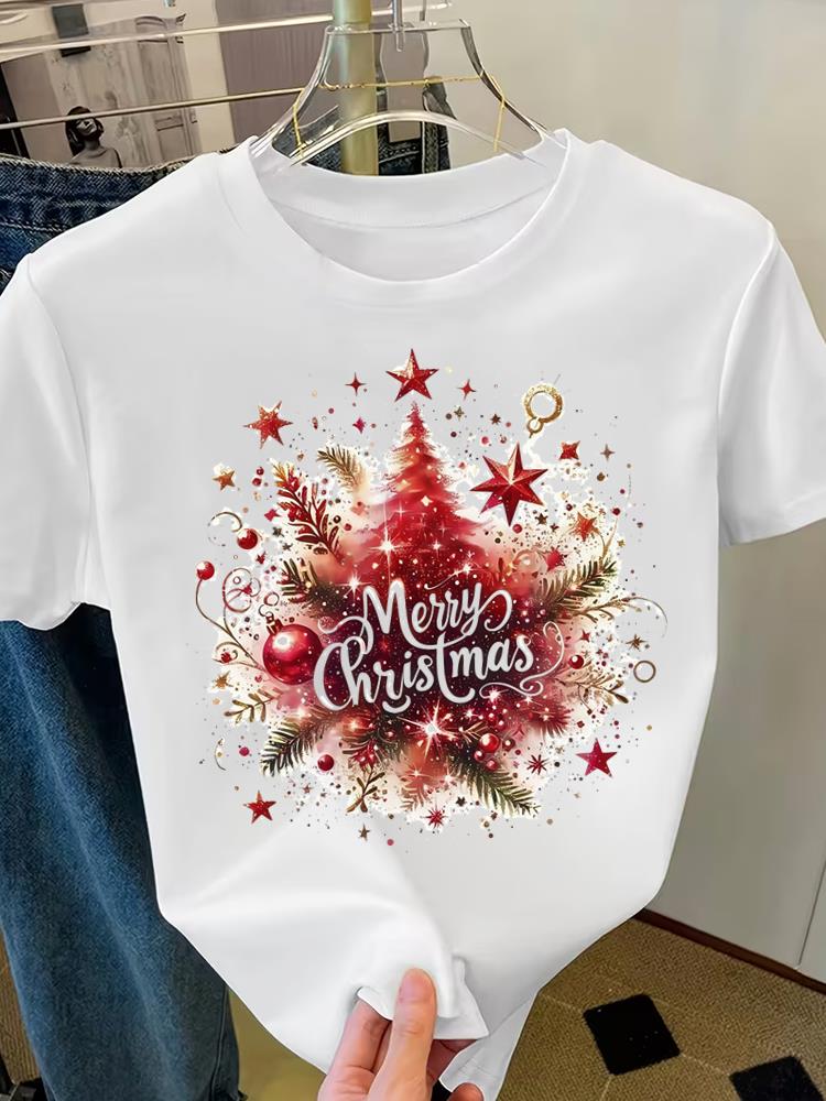 (Asian Size) Sweet Cute Merry Christmas Short Sleeve T-shirts Women's Top O-neck T Shirt Print Fashion Casual New Year Clothing Graphic Tee