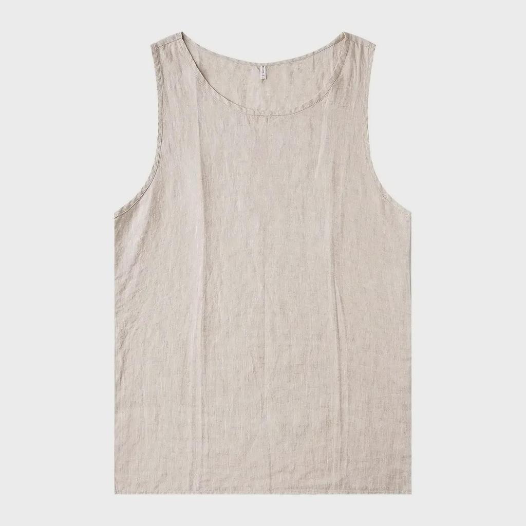 2024 Ärmelloses, lockeres Leinen-T-Shirt für Herren: Jugendliche, trendige, einfarbige, leichte Sommerweste.