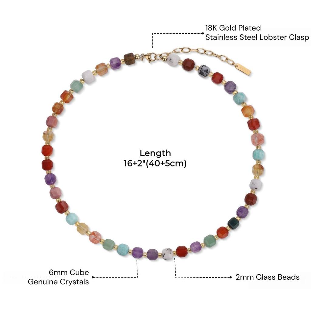 [KOAI] 6mm Cubic Zirconia Chakra Bead Rainbow Necklace for Women