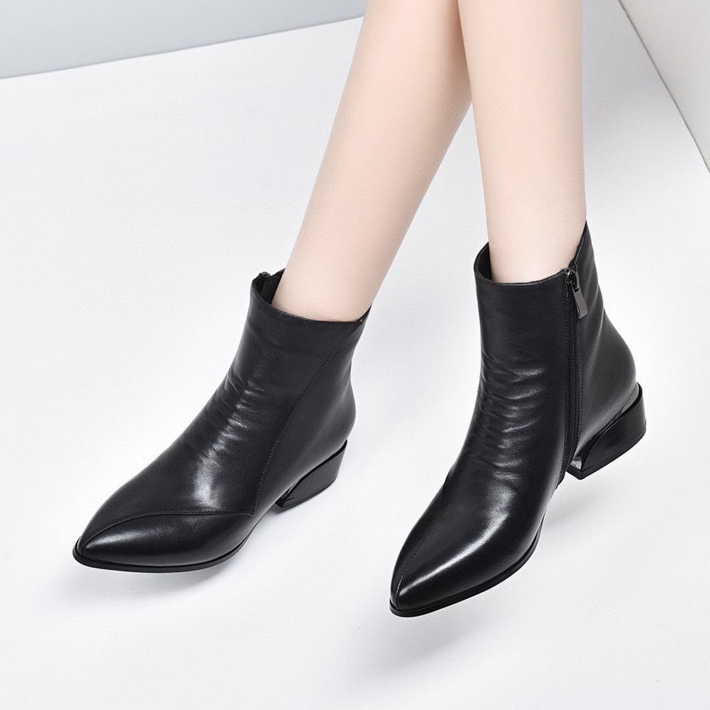 Leather boots women's 2025 autumn and winter new pointed thick heel European and American style short boots comfortable cowhide black thin women's fa