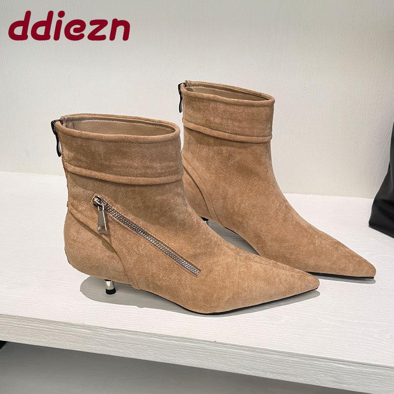 Fashion Fashion Zippers Ladies Ankle Boots Shoes Female Pointed Toe Flock Women Modern Short Boots With Low Heel Shoes Pumps Lady