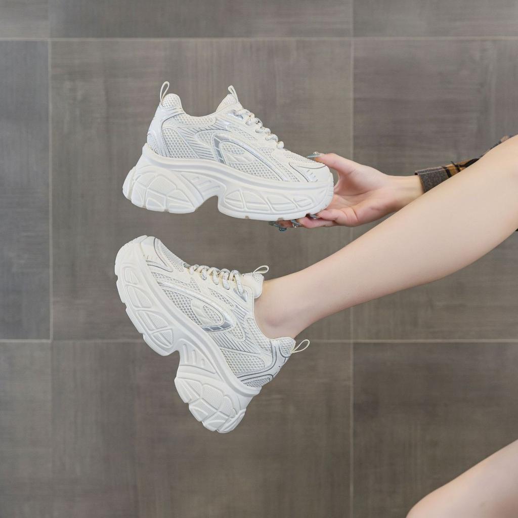 Leather dad shoes women's summer new versatile silver thick-soled inner height-increasing mesh breathable sports and leisure shoes