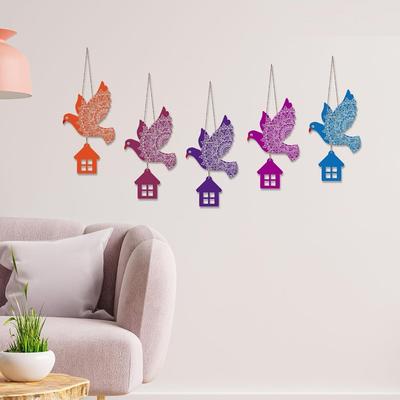 (Confezione da 5) Uccelli Volanti Multicolori Appeso a Parete in Legno per Decorazione Casa | Balcone Giardino | Ufficio | Caffetteria | Appeso Decorativo per Porta