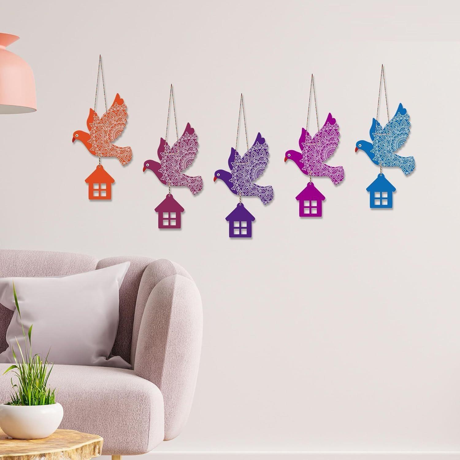 

(Pack of 5) Multicolored Flying Birds Wooden Wall Hanging for Home Decoration | Garden Balcony | Office | Cafe | Decorative Door Hanging