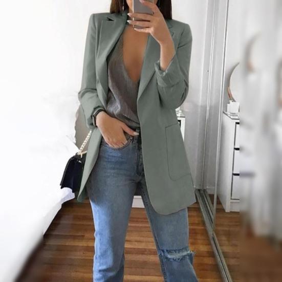 Giacca da donna con risvolto, manica lunga, aperta sul davanti, tinta unita, grandi tasche, stile da pendolare, casual, da lavoro