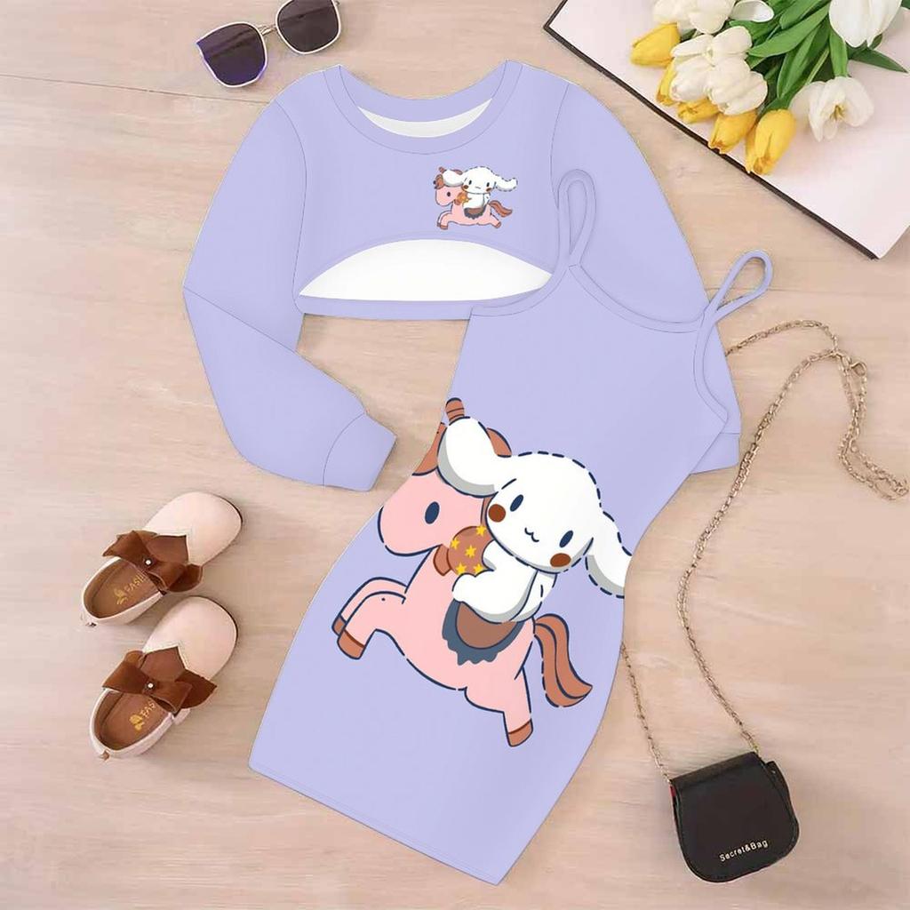 Girls Cartoon 2 Piece Outfits, Long Sleeve Crop Top + Spaghetti Strap Bodycon Dress, Light Fresh Cartoon Print Party Dress Set