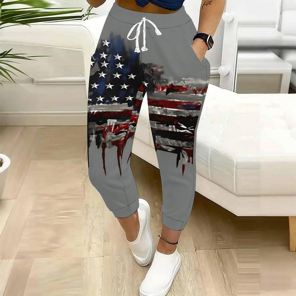 Yazlık Kadın Amerika Birleşik Devletleri Baskılı Eşofman Altı Bol Kesim Büzgü İpli Jogger Pantolon Elastik Bilekli Günlük Rahat Pantolon