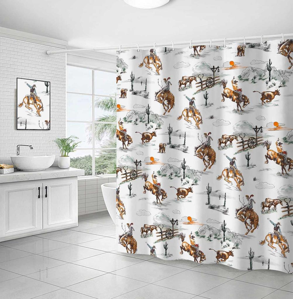 Western Cowboy Shower Curtain for Bathroom, Wild West Cowboy Ride Horse Cactus Bath Curtains, Farmhouse Country American West Th