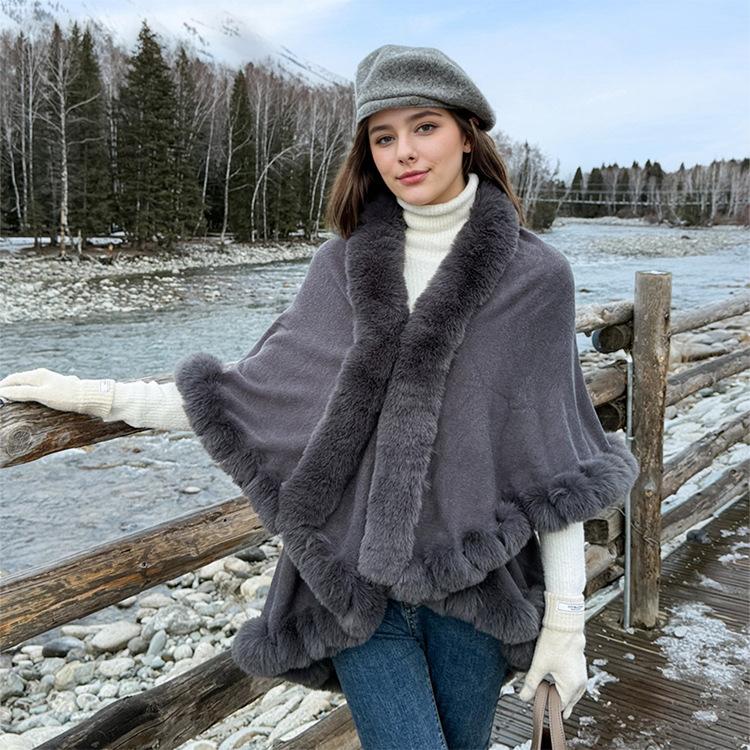 Women Double‑Layer Faux Fur Trim Poncho Shawl Winter Warm Open Front Cape Outerwear