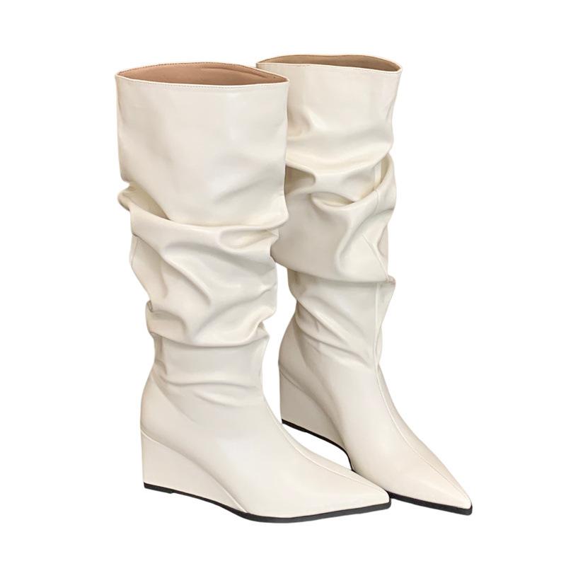 Wedge heel boots autumn and winter new pointed high heel wrinkled pile boots wide knight boots