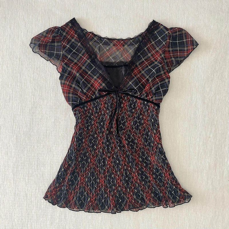 2025 Summer New Vintage Artistic Style Retro-Inspired V-Neck Plaid Slightly Sheer Slimming T-Shirt for Women Plaid S