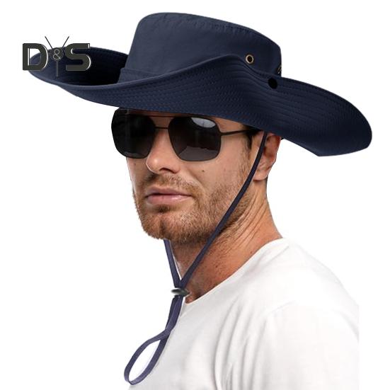 Men Fisherman Hat Flat Top Wide Brim Breathable Sun Hat Adjustable Windproof Drawstring Sun Protection Hat