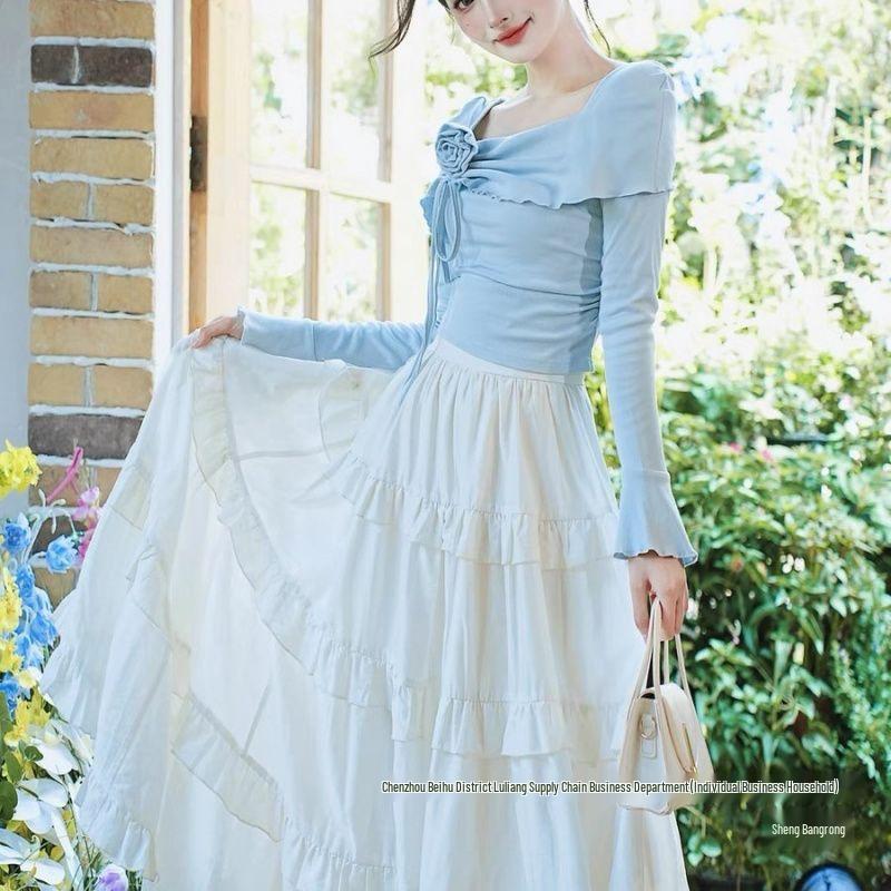 Autumn Blue 3D Floral Slim-Fit Square Neck Knit Top with Skirt