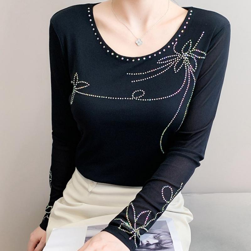 Spring Autumn Women's Hotfix Rhinestone T-Shirt Elegant O-neck Full Sleeve Tees Slim Ladies Tops
