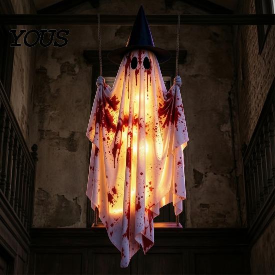 Charming Knitted Fabric Ghost Hanging Swing Halloween Decoration, Spooky Light Up Large Swinging Glowing Figure with Blood for Porch Yard Tree Holiday