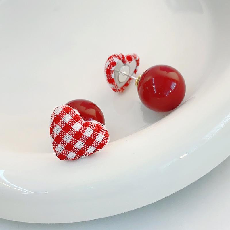 Cherry Red Heart Plaid Stud Earrings with Pearls - Christmas Autumn/Winter Light Luxury Essentials