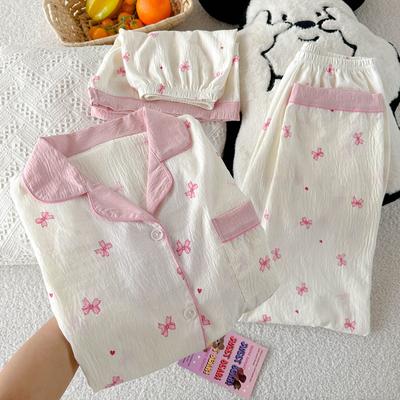 Mädchen Wind Wolke Baumwolle Sommer Pyjama Damen Süße Schleife Kurzarm Mode Loungewear Dreiteiliges Set