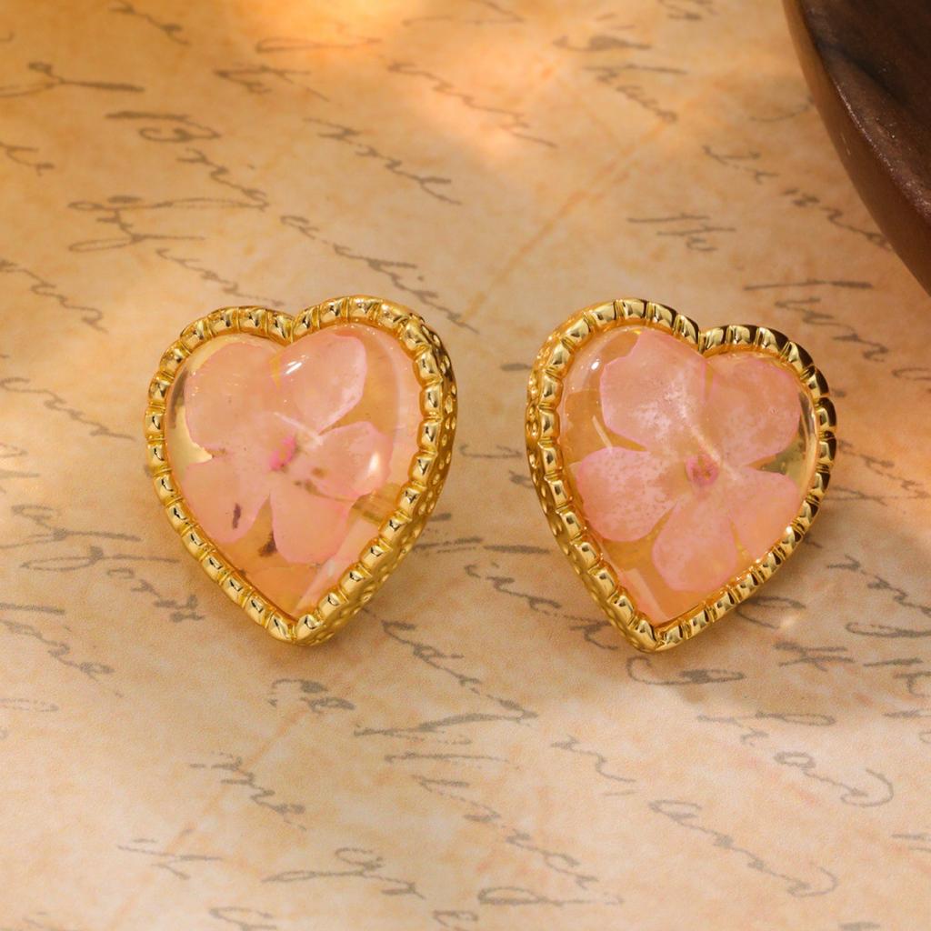 Pink Love Earrings Temperament Heart-Shaped Flower Stud Earrings Temperament Elegant Silver Needle