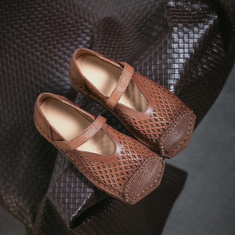Johnature Genuine Leather Retro Hollow-out Breathable Flat Sandals Square Toe Comfortable Women's Shoes