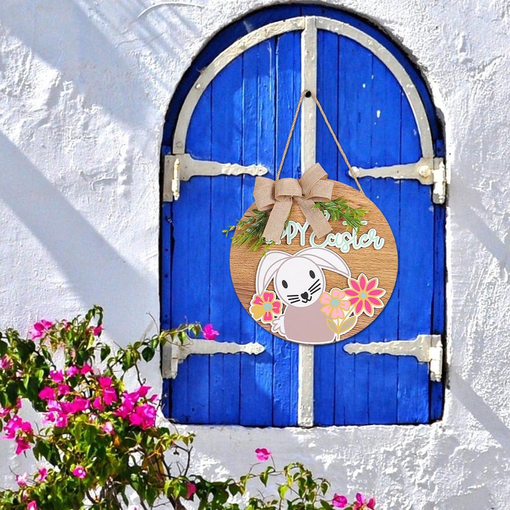 Easter Wooden Bunny Hanging Sign Decor Happy Easter Door Ornament Home Wall Rustic Bow Plant Decorative Plaque Festival Party