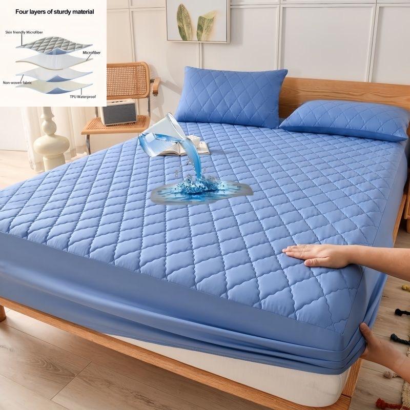 Waterproof Mattress Protector, Thick Quilted Solid Color Bed Cover with Deep Pocket,Warm Breathable Bedding for Bedroom Room Hotel, Without Pillowcase
