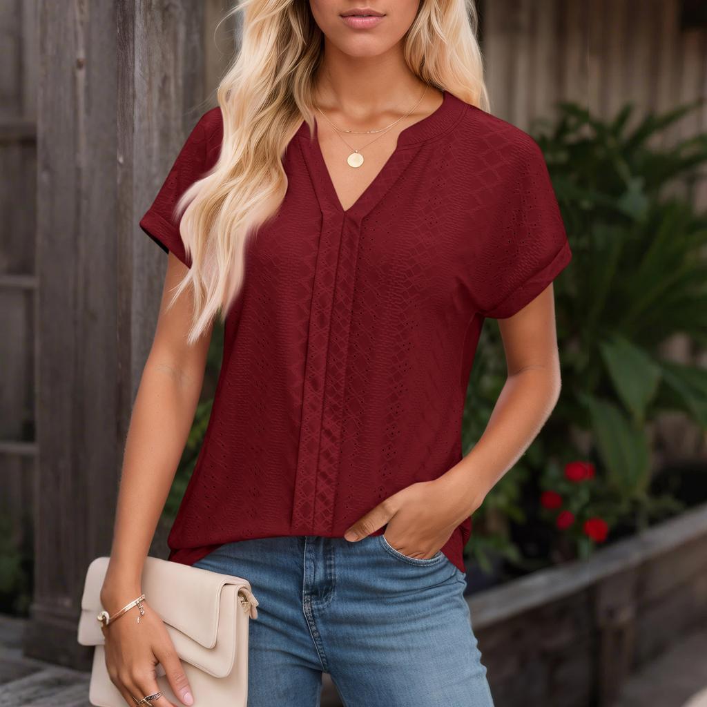 Womens Tops Short Sleeve V T-Shirt Blouse Dressy Causal Eyelet Embroidery Summer Fashion Clothes