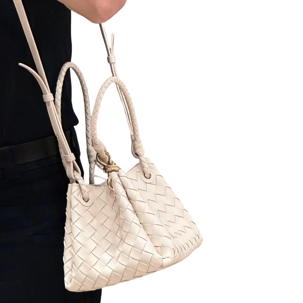 2024 Summer Woven PU Parachute Handheld & Crossbody Basket Bag with Metal Rope Buckle