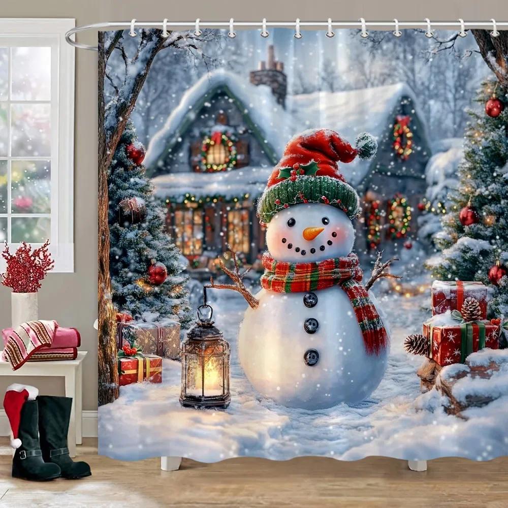 Świąteczny Bałwan Zasłona Prysznicowa Różowy Domek z Cukierków Święty Mikołaj Prezent Świąteczny Poliestrowe Zasłony Prysznicowe Dekoracja Łazienki Z Haczykami