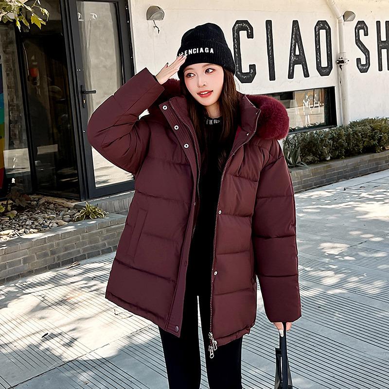 Cotton Clothes Women's Short Models, New Winter Loose Hooded Fur Collar Thickened Warm Medium and Long Bread Clothes Jacket
