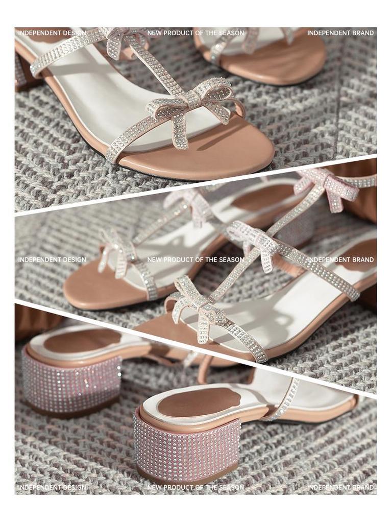 2023 Stylish Rhinestone Bowknot Ankle Strap High Heel Sandals for Women
