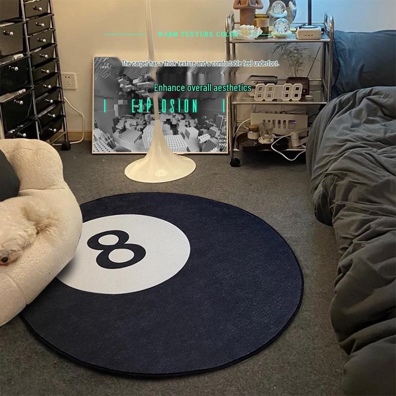 Black and White Minimalist Boys' Bedroom Non-Slip Billiards Floor Mat, 8-Ball Carpet for Home, Living Room, or Bedside Rug